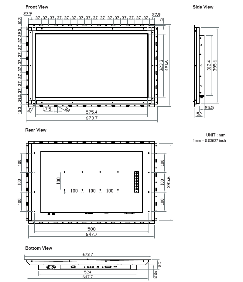 26 inch 1366 x 768 wide screen industrial open frame LCD monitor.